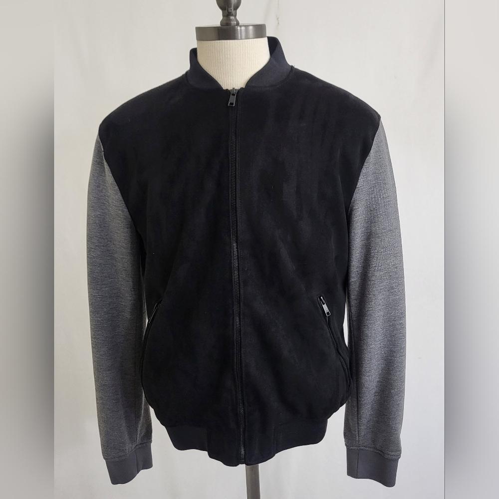Zara Faux Suede Combined Bomber Jacket In Black/Gray Size XL